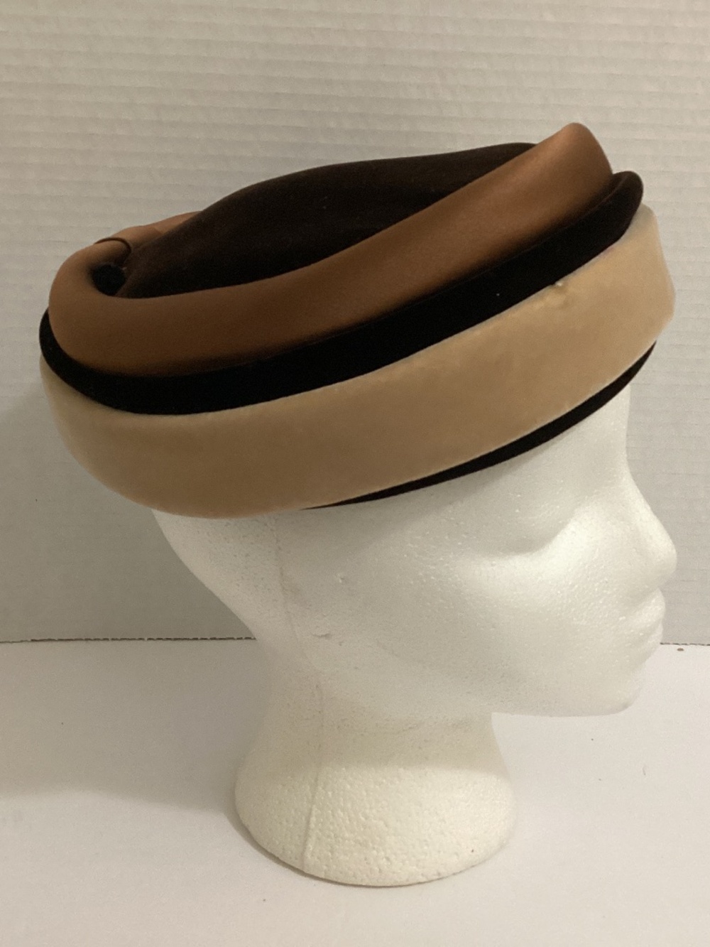 Vintage Hat - Trebor Original - Brown & Tan - Satin & Velveteen - Tiered Band